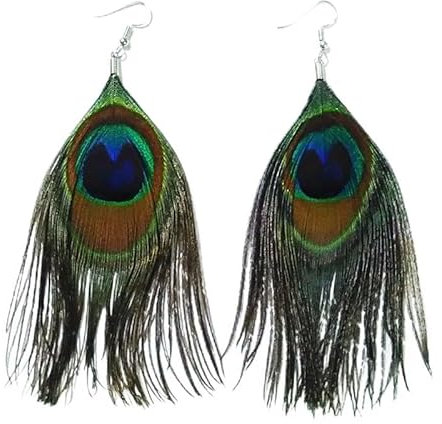 fdsmall Ohrringe für Frauen Pfauenfeder-Ohrringe böhmische lange Feder baumeln Ohrringe hypoallergen Boho Feder Quaste Ohrringe natürliche Feder Tropfen Ohrringe für Frauen (01)