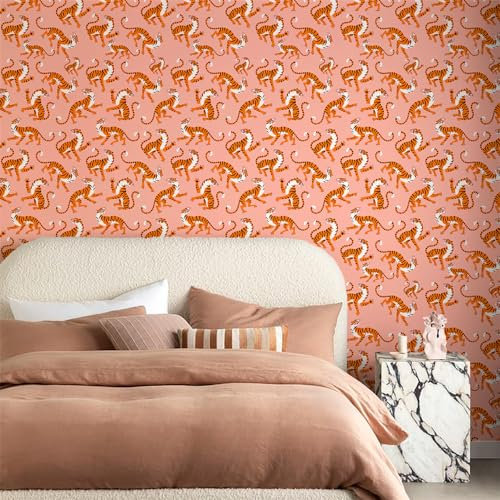 Selbstklebende Tapete Pink Orange Tiger Strukturtapete Wandtattoo Schlafzimmer Tapete Selbstklebend Vliestapete Wallpaper for Living Room Tapeten Leicht zu Entfernen Wandschutzfolie 38.6x250.6cm
