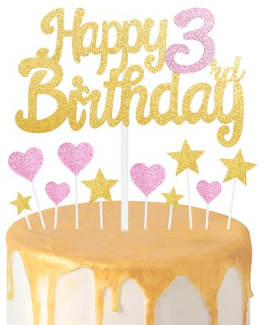 Gold Pink 3rd Birthday Cake Topper, Girls Decorations, Glitter Heart Stars Toppers, Personalised Happy Cake Cupcake Toppers for Women Girls Baby Party Supplies