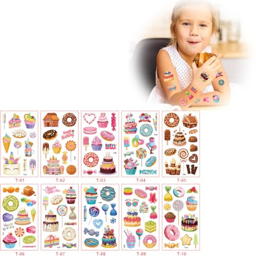 100 Dessert-Muster-Tattoos Pinke Aufklebe-Farb-Tattoos - Hautfreundliche Kinder-Tattoos Pop Art - Als Geburtstagsgeschenk oder Geschenkidee - Vegan