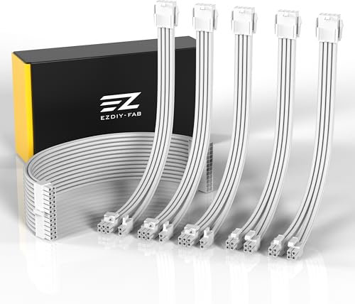 EZDIY-FAB PSU Cable Extension Sleeved Custom Mod GPU PC Power Supply Soft Nylon Braided with Comb Kit 24PIN/3x 8PIN to 6+2Pin/ 2X 8PIN to 4+4PIN-300MM/11.8in - All White
