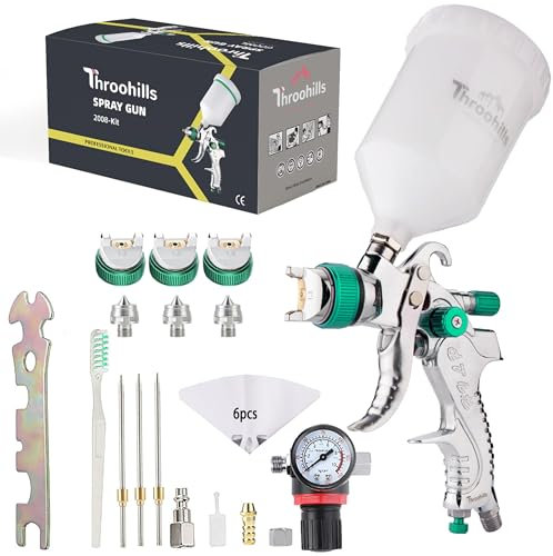 Throohills Professional HVLP Spray Gun, 1.3/1.5/1.8mm Nozzle HVLP High Atomization Flow Adjustable Pneumatic Gravity Spray Gun with 600cc Cup & Gauge for Paint Touch-Up(Green)