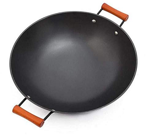 OQHAIR Pentola in Ghisa, Wok in Ghisa Spessa Senza Rivestimento Wok Profondo in Ferro di qualità Commerciale, con Due Manici in Legno Antiscottatura Larghi,42CM (46cm)