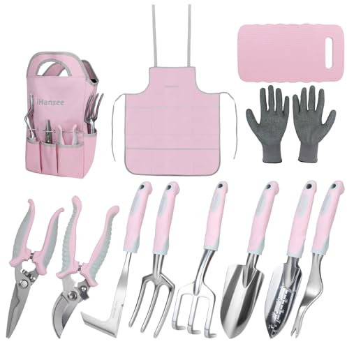 iHansee - Lot de 12 Outils de Jardin en Aluminium avec poignée antidérapante, Tapis à Genoux, Tablier, Gants et Sac de Rangement, Outils d'aménagement paysager, Cadeau pour Femme et