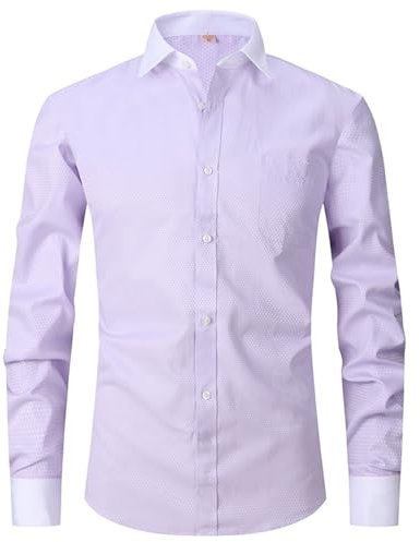 Chemise printanière et française pour homme - Robe d'affaires à manches longues - Couleur unie - Rayures - Robe sergée - Chemise de cyclisme pour homme, lilas, L