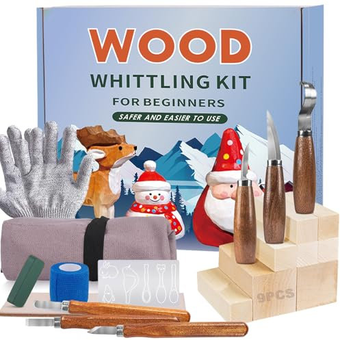 21PCS Wood Whittling Kit for Beginners Kids and Adults, 6PCS Whittling Tools and 9PCS Basswood Carving Blocks, Gloves, Roll Bag,Sharpener Durable Wood Carving Tools Kit