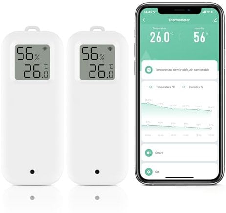 eMylo Thermometre Wifi, Hygrometre Connecté avec Alarme Intelligente, Stockage Exportation Gratuite de Données et Fonctions D'étalonnage, Compatible avec Smart Life, 2 Pièce avec écran