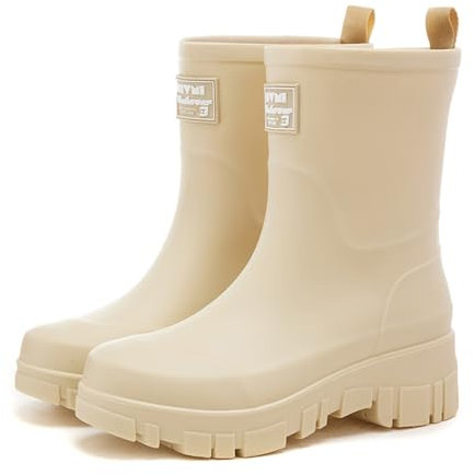 AONEGOLD Stivali Pioggia Donna Media Altezza con Suola Antiscivolo Boots Comode Moda Pioggia per Esterni Giardinaggio Gomma(Beige,39 EU)