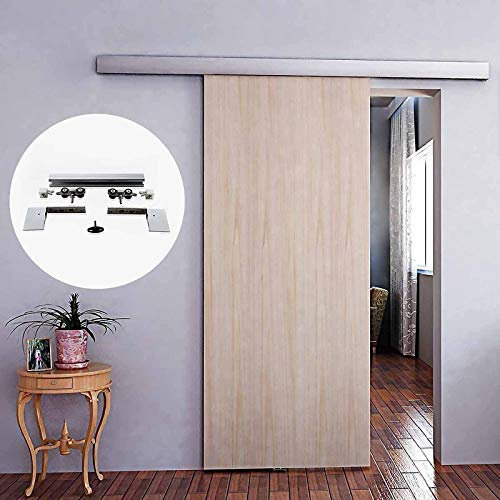 Aluminium Alloy Barn Sliding Door Hardware Kit 5ft Professional Frameless Brushed Silver Hanging Rail for Wood Door Hidden Track System (Size: 5ft/150cm)