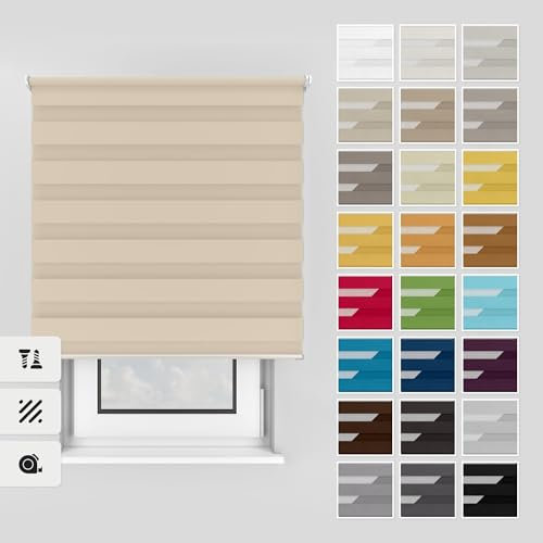 Estika Doppelrollo mit Bohren 90x220 cm Farbe: Beige, Rollo Deckenmontage und Wandmontage Fenster rollos für innen, Jalousien Fenster, Tür Rollo