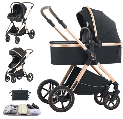 Shineey Kinderwagen 3 in 1, Kinderwagen Buggy Faltbarer Kinderwagen Set, Kombikinderwagen 3 in 1 mit Großer Bequemer Babywanne, Kinderwagen Rahmen Aluminiumlegierun