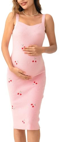 SUNNYBUY Robe de maternité en Tricot pour Femme - Broderie Cerise - Robe Moulante pour fête prénatale - Robe d'été de Grossesse, Rose bébé, Taille M
