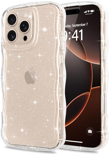 Pepmune for iPhone 16 Pro Case Clear Bling Sparkle Glitter Cover,Soft TPU Curly Wavy Frame & Hard PC Back,Slim Shockproof Wave Phone Case for Women Girls