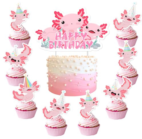 Axolotl Tortenaufsätze, rosa Salamander, Happy Birthday, Kuchendekoration, sechseckig, Dinosaurier, Cupcake-Topper, niedliche Cartoon-Newt-Kuchendekorationen, Tierthemen-Party-Dekor für Mädchen,