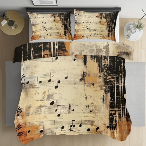 Pggong Musiknoten Grunge Bettwäsche Sets 3teilig, Retro Musikliebhaber Bettbezüge 155x220 mit 2 Kissenbezüge 80x80 cm, Musikalische Notation Bettwäsche Set Weich Mikrofaser mit Reißverschluss