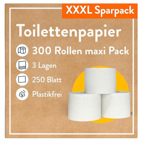 300 Rollen Toilettenpapier 3-lagig – 250 Blatt pro Rolle – Plastikfrei - Toilettenpapier B-Ware – Vorratspackung