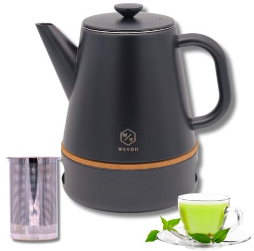 Edelstahl Teekanne 1 Liter mit Stövchen - Doppelwandig, Tropffreier Ausguss - mit Siebeinsatz für losen Tee oder Teebeutel (Schwarz)