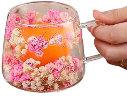 Flower Coffee Mug - Clear Glass Tea Cup, Floral Insulated Mug | 200ml Dry Flower Decorated with Handle, Double Wall Portable Hot Cold Drinks Creative Spring Cup for Home Offices Presents