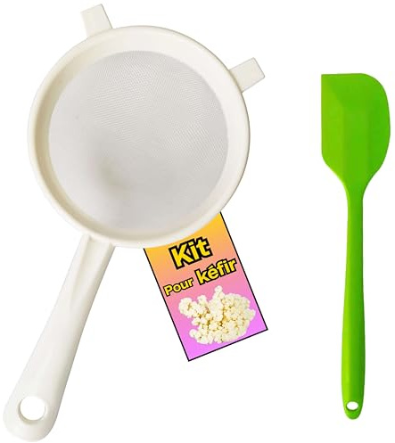 Zenir Kit Kefir Passoire Plastique Kefir + Cuillère en Silicone | Passoire Plastique Pour Kéfir, Pour Préparer Le Kéfir Maison | Compatible Avec Le Kefir de Lait et Kefir d'eau. 12 cm