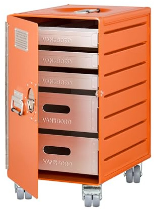 VanDeBord Rollcontainer mit Schubladen, mobiler Aktenschrank, Metallschrank, Schubladenschrank Küche, Druckertisch mit Rollen, vormontiert, 53,5 x 29,5 x 40,7, Bord Box XL, Reinorange, Büro