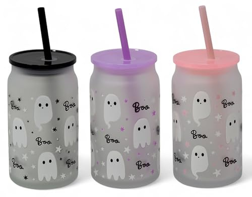 Gem Imports Frosted Halloween Cute Ghost Glass Tumblers with Lids and Reusable Straws - Set of 3
