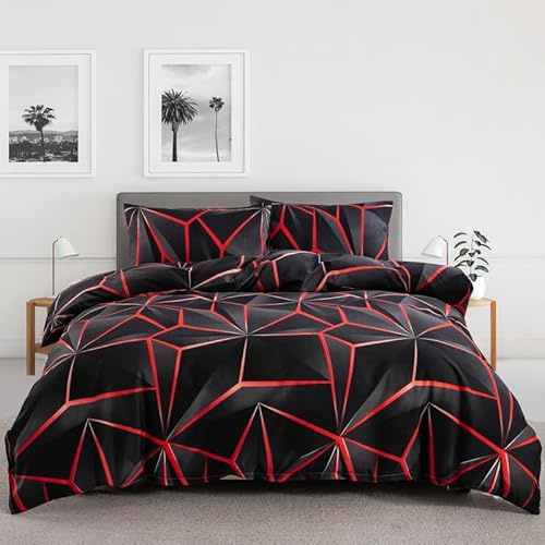 LYJKLST Bettwäsche 160x200 3teilig Bettbezug Geometrisches Muster - Bettwäsche-Sets 160 x 200 cm mit 2 Kissenbezüge 80x80cm, ÖKO-TEX Bettwäsche Bedding Geometrie mit Reißverschluss Rot und Schwarz