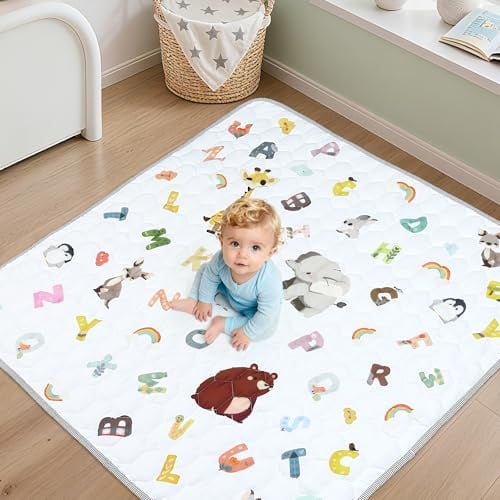 FUNYKICH Krabbelmatte Baby Faltbar Spielmatte, Buchstaben 150x150cm | Rutschfestes Design, Weicher Stoff, Sicher & Waschbar, Tragbar, Spielmatte für Laufgitter Kinderzimmer Spielzimmer Geschenk