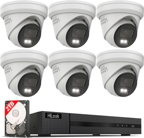 HiLook by HIKVISION Kit de caméras de Surveillance PoE extérieures, 6 caméras turrets 8 MP/4K avec Fente pour Carte SD, lumière Hybride lumière Nocturne Couleur & IR | Détection Personne/véhicule KI
