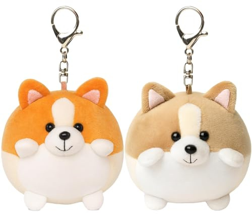 TioRacY Plüsch Schlüsselanhänger, 2 Süße Corgi Hunde Plush Keychain, Kuscheltier Anhänger Für Kinder, Schlüsselbund, Schulranzen, 10 Cm, Braun Und Beige
