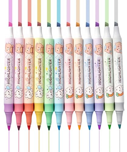 YOSKAEDI 12-Farben Textmarker Set mit, Einzigartige Farben, Cartoon-Mustern Marker-Stifte Doppelspitze zum Schreiben & Markieren, Praktisches Büro-, Studien & praktisches Geschenk.