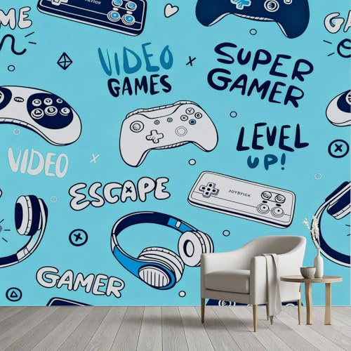 Tapete Game Controller Kopfhörer Gamepad Fototapete Gaming Mädchen Teenager Blau Tapeten Panorama Wandbilder 3D Effekt Wandtapete Selbstklebende Wohnzimmer Kinderzimmer 400x280 cm
