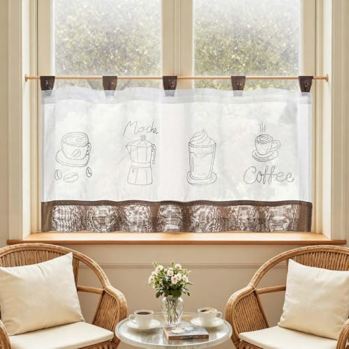 TOPICK Scheibengardinen Bistrogardine mit Schlaufen H45xB90 1 Stück Braun | Scheibengardinen modern Küchengardinen Landhausstil Schlaufengardinen kurz Gardinen Küche modern Kurze Vorhänge Wohnzimmer
