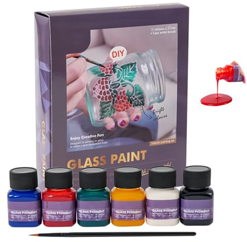 Clyrax Glass Paint Set for Glass Painting, 6 Colors 30ml Acrylic Enamel Paint Kit with Brush, Non-toxic Stained Glass Painting Supplies for DIY Crafts, Glass Painting, Ceramics and Windows