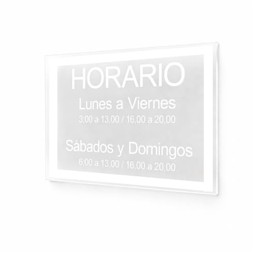 TIBRYN Letrero V3 – 25x17Cm – Con Adhesivo – Cartel Horario Personalizable Grabado – Negocio Metacrilato Transparente – Placa Exterior e Interior – Texto Personalizado Tiendas, Oficinas y Restaurantes
