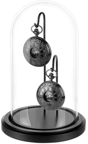 PH PandaHall 12.7x19.8cm Cloche en Verre d'Affichage Dôme de Présentation pour Montre de Poche avec Base en Bois et 2 Crochets pour Présenter Montres de Gousset, Bijoux, Médailles, Photos