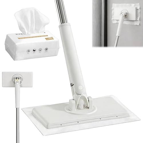 Disposable Dust Mop with 50 Towels, 120CM Sweeper Mop Set Auto Clamp Any Cloth, Snap Grip Mini Lazy Mop Clip on, 360° Hands Free Multi Purpose Flat Mop, Cloth Clip Mop for Floor Wall Bathroom Kitchen