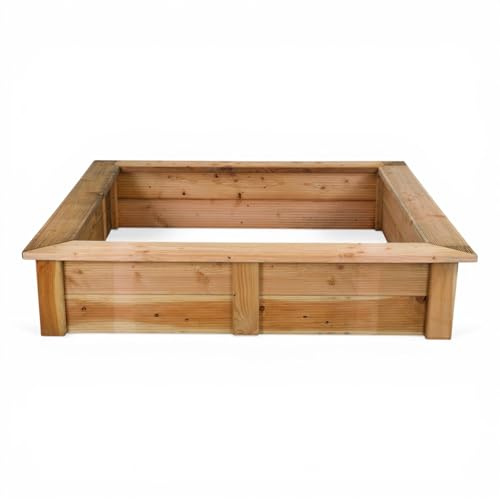 Sandkasten Holz 150x150 cm – Massive Douglasie aus dem Sauerland – naturbelassen ohne Chemie – 28 mm Starke Dielen – großer Sandkasten für Kinder – langlebig für Garten & Outdoor