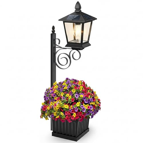 Wilafury Solar Lamp Post Light with Planter, 2-in-1 Garden Lights, Waterproof Solar Light Planter Wall Mount Floor Stand for Patio, Front Porch, Back Door, Black
