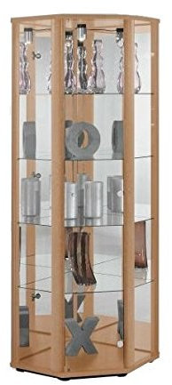 K-Möbel Eckvitrine in Buche (176x56,5x56,5 cm) mit 4 Glasböden, Schloss, Spiegel & LED - Modellauto Vitrine Buche - Vitrinenschrank- Sammlervitrine - Wohnzimmerschrank Glasvitrine Regal Wand