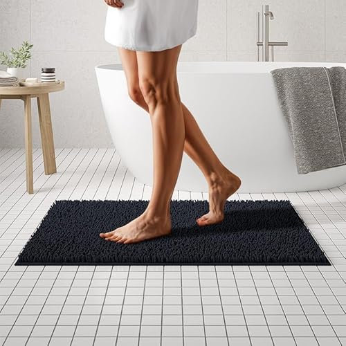 MAYSHINE Chenille Badematte, rutschfeste Maschinenwaschbare Badteppiche | Saugfähige Schnelltrocknende Shag-Teppiche, Ideal für Badezimmer, Dusche, Schlafzimmer oder Türmatte (Schwarz, 100x60cm)