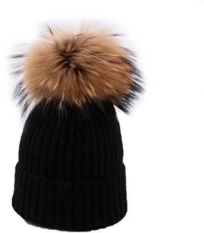 BeFur Frauen Bommelmütze Zopfmuster Pudelmütze Wintermütze Pelzmütze Fellbommel - schwarz