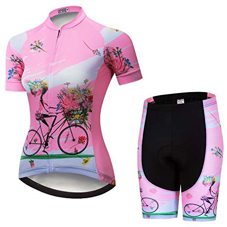 Ensemble maillot de cyclisme + short à manches courtes pour femme - Respirant - Gel 3D - Séchage rapide, Vélo rose, Chest36-38.6 Waist27.5-36=Tag XL