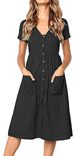 Summer Dresses for Women Casual Midi Dress Short Sleeve Shirt Dress V Neck Button Decoration Swing A Line Tunic Dress with Pockets Size M = UK 10-12