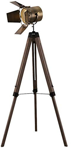 LANMOU Lampada da Terra Industriale Vintage, Lampada a Stelo da Terra Vintage con Legno Treppiede, Paralume Orientabile, Piantana Elegante Retrò Proiettore Comodino
