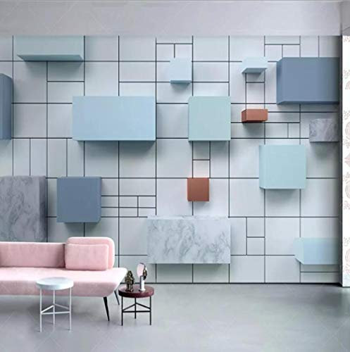 Papier peint 3D moderne stéréo bleu géométrique carré motif marbre pour salon, étude, art abstrait 3 D-150 x 105 cm
