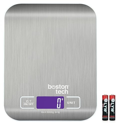 Báscula de Cocina Digital HK105. Balanza de Alta Precisión en Acero Inoxidable, Impermeable. Capacidad 5 KG. Pantalla LCD. Multifuncional con Baterías Incluidas. Función Tara. Recetario Descargable