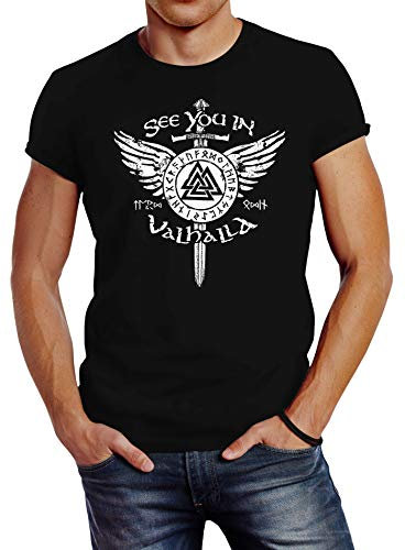 Neverless® Herren T-Shirt See You in Valhalla Schwert Runen Odin Vikings Fashion Streetstyle schwarz L
