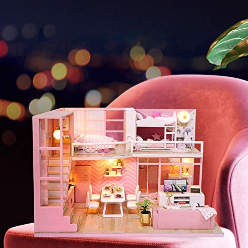 Puppenhaus-Bausatz zum Selbermachen, Miniatur-Wohnhaus im Maßstab 1:24, süßes rosa Prinzessinnen-Stil, Modell, Holzhaus-Montagebausätze, Weihnachts- und Geburtstagsgeschenke für Mädchenliebhaber