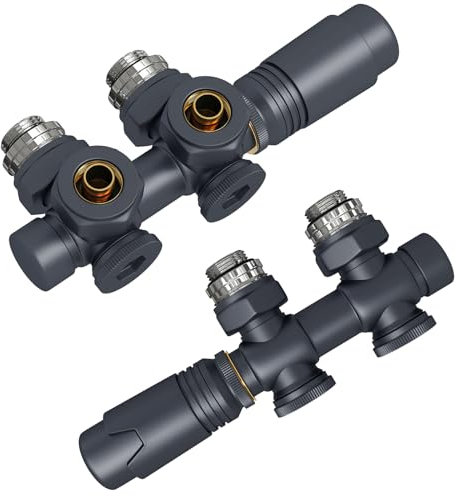 EMKE Multiblock Heizkörper Mittelanschluss, Hahnblock Heizkörper Ventil Eck- und Durchgangsform 50mm, Heizkörperventil mit thermostat für Badheizkörper Anthrazit (φ16mm * G1/2, 2 Stück)