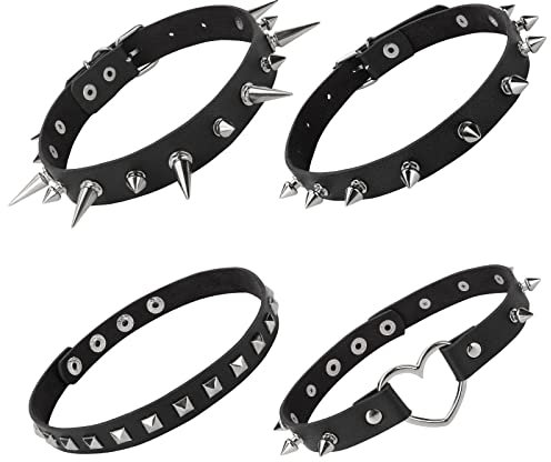 4 Stück PU Leder Choker Schwarze Herz Choker Nieten Halsband Verstellbarer Punk Gothic Choker Halskette Damen Mädchen Halloween Anime Party Kleidungs Zubehör